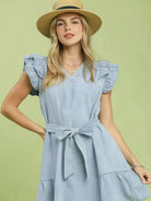 Umgee Soft Skies Chambray Ruffled Denim Mini Dress-Women's Dresses-Shop Z & Joxa