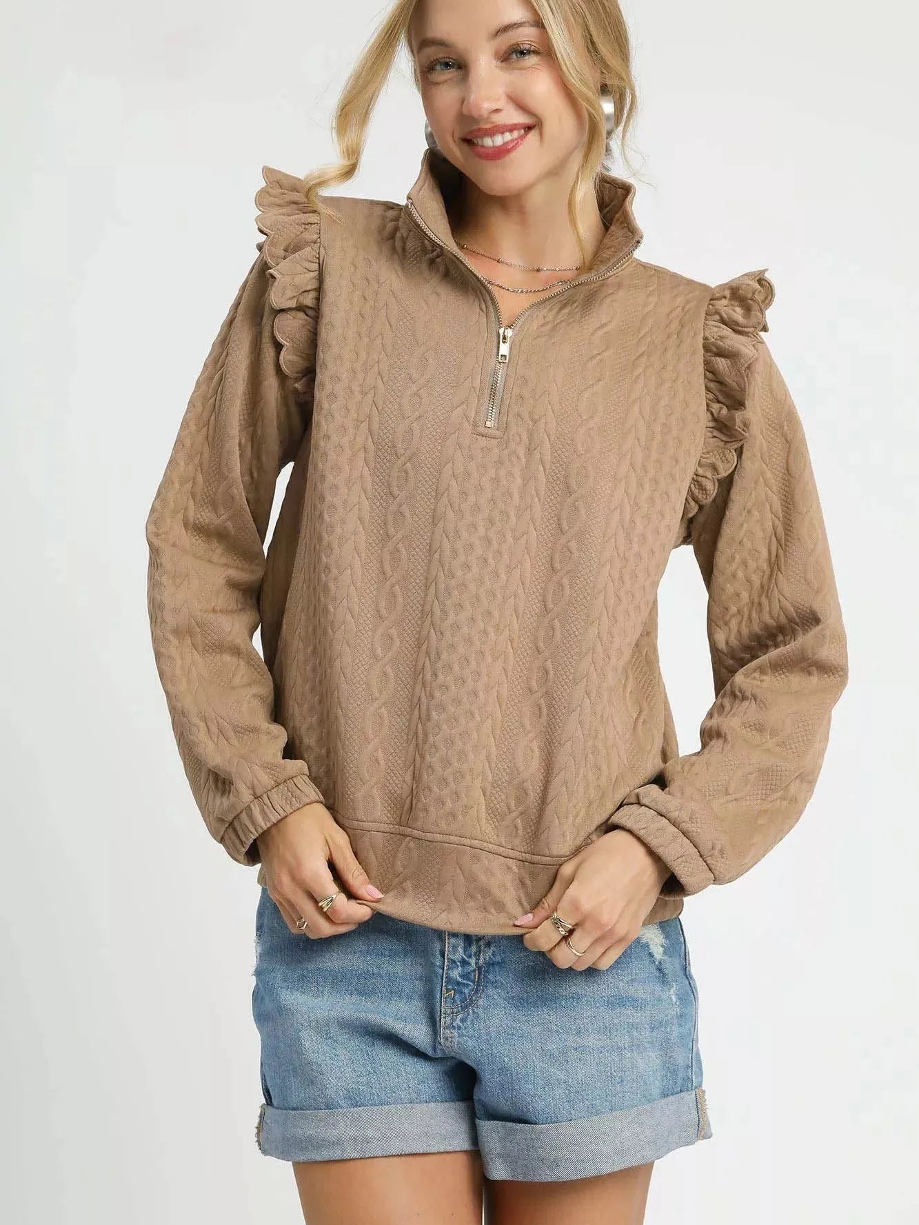 Umgee Stem & Style Cable Knit Textured Pullover with Ruffles-Women's Shirts & Tops-Shop Z & Joxa