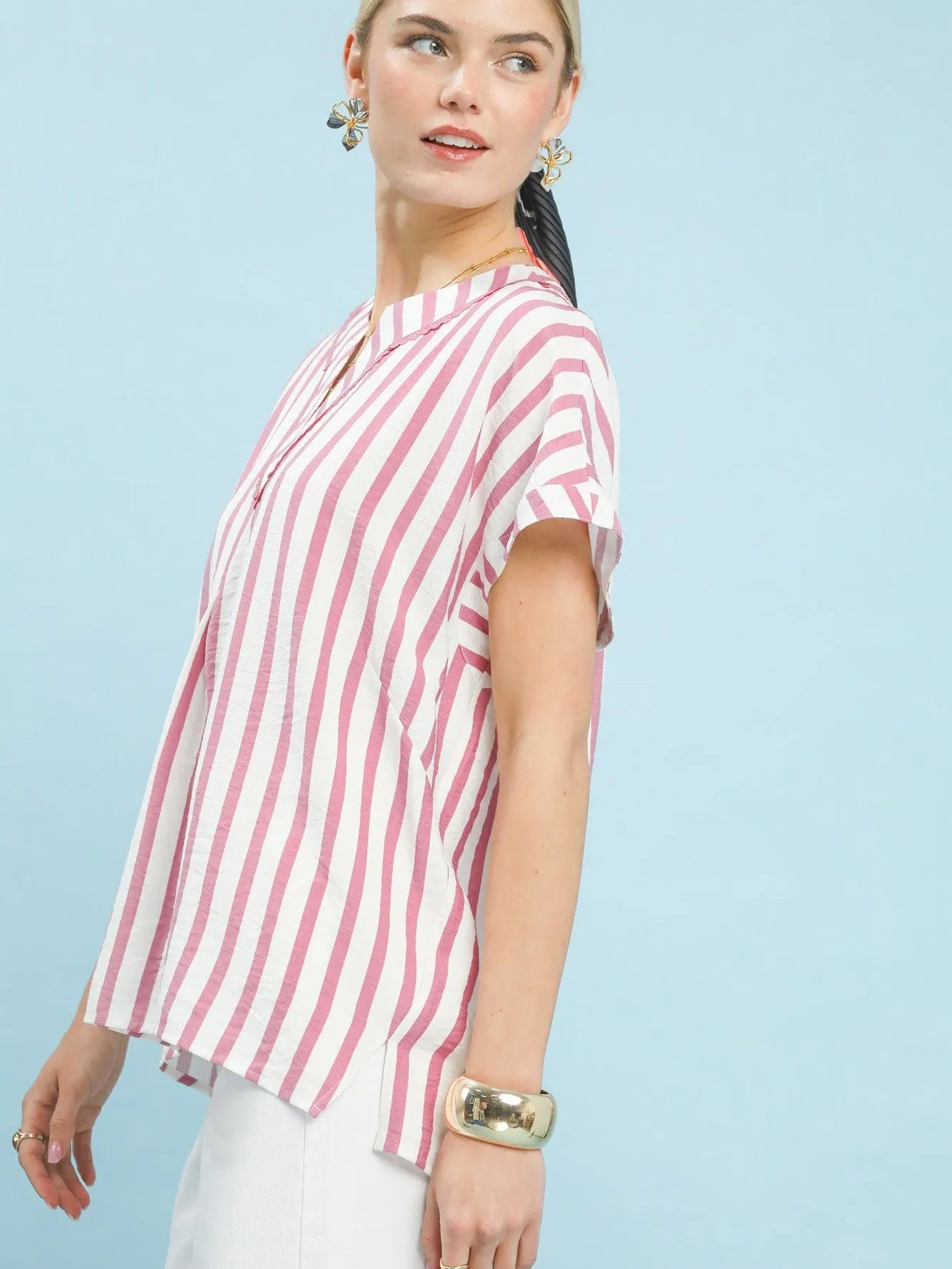 Umgee Striped Serenity Split Neck Oversized Short Sleeve Blouse-Women's Shirts & Tops-Shop Z & Joxa
