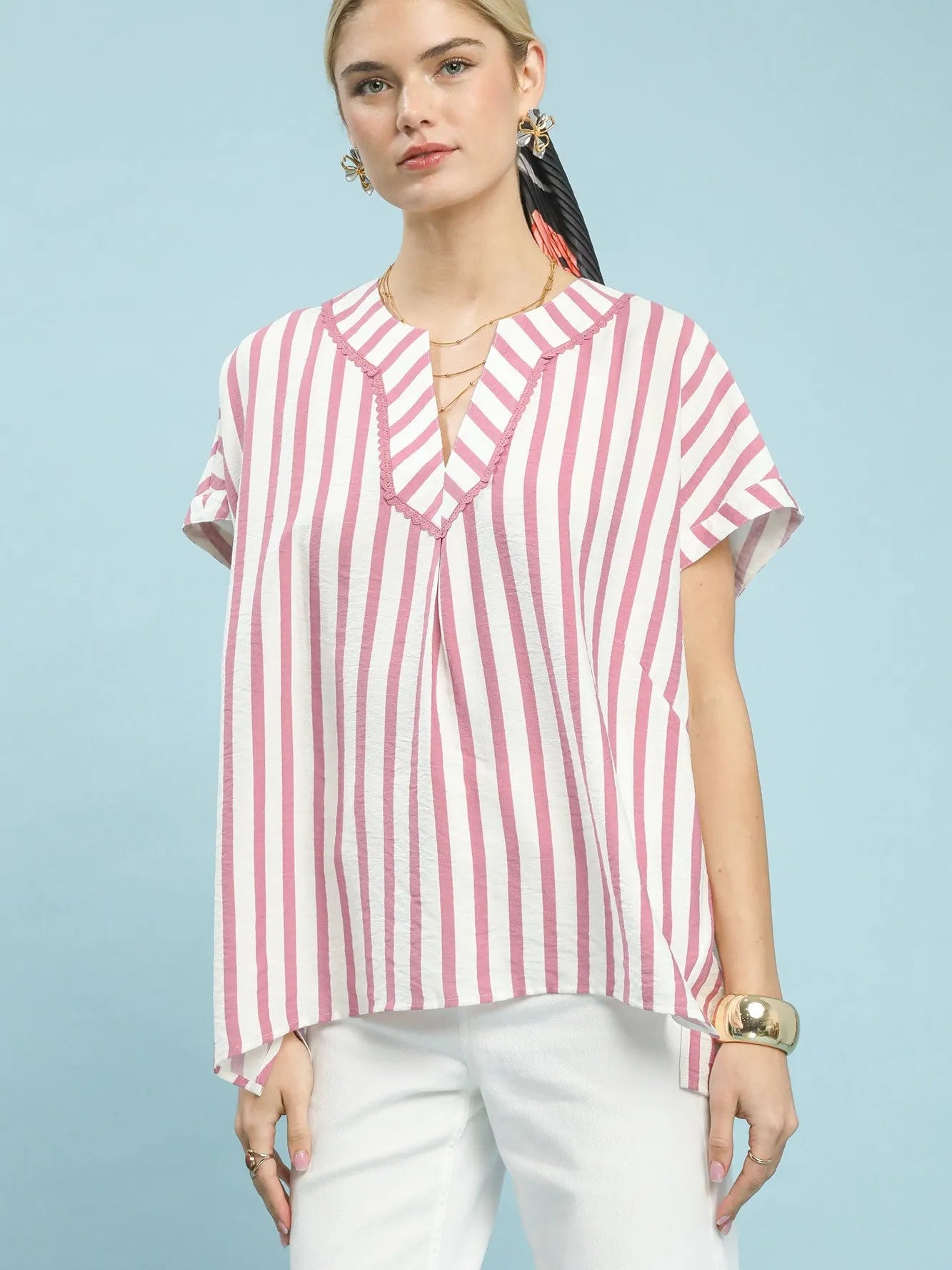 Umgee Striped Serenity Split Neck Oversized Short Sleeve Blouse-Women's Shirts & Tops-Shop Z & Joxa