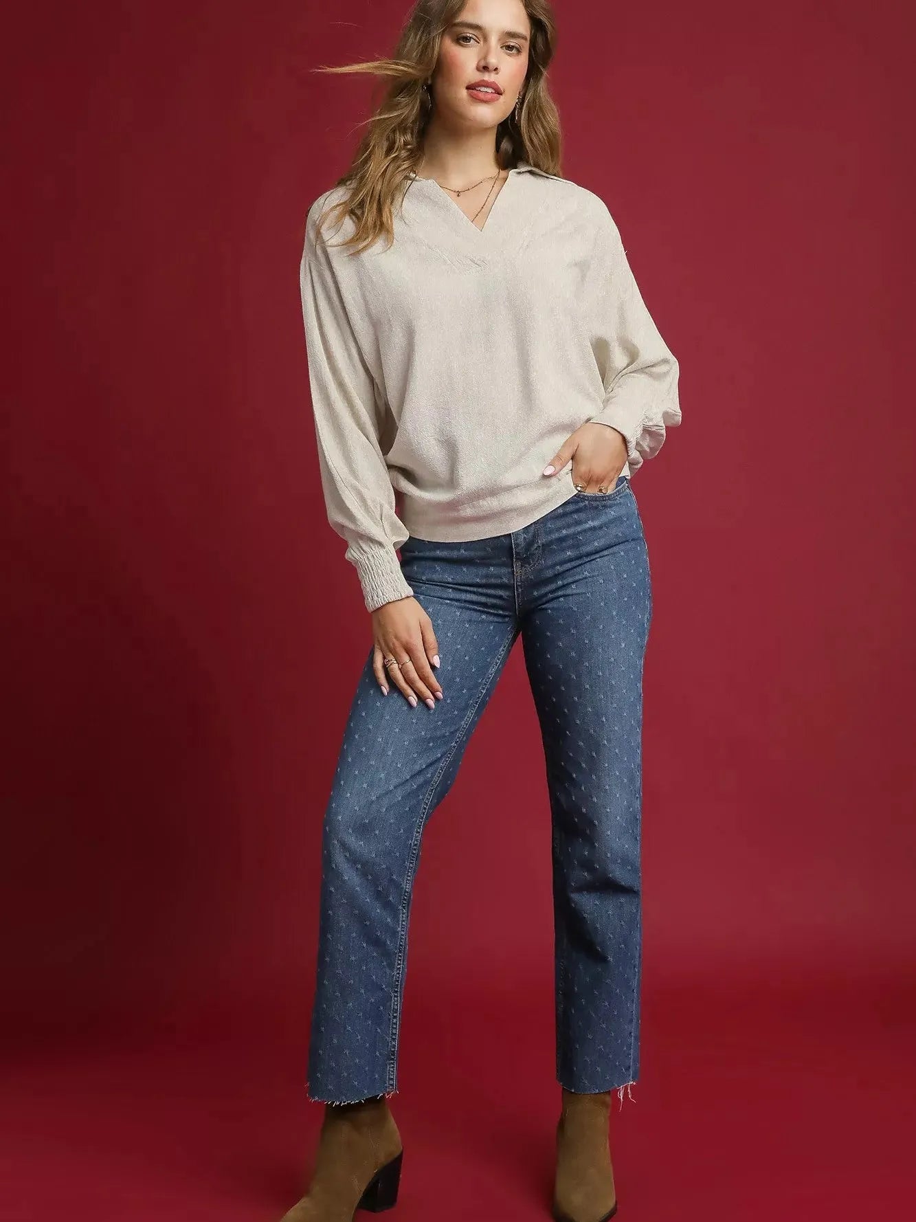 Umgee Sunbleached Linen Long Sleeve Shirt with Cuffs-Women's Shirts & Tops-Shop Z & Joxa