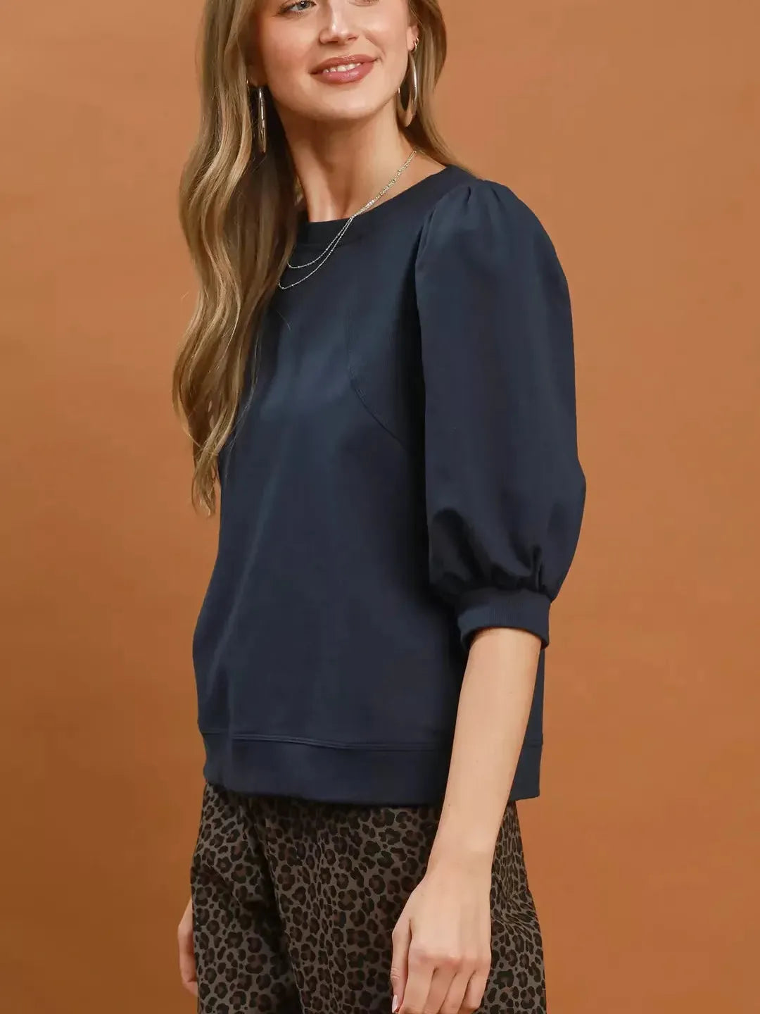 Umgee Sunday Blues Puff Sleeve Cozy Sweatshirt-Women's Shirts & Tops-Shop Z & Joxa