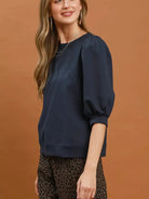 Umgee Sunday Blues Puff Sleeve Cozy Sweatshirt-Women's Shirts & Tops-Shop Z & Joxa