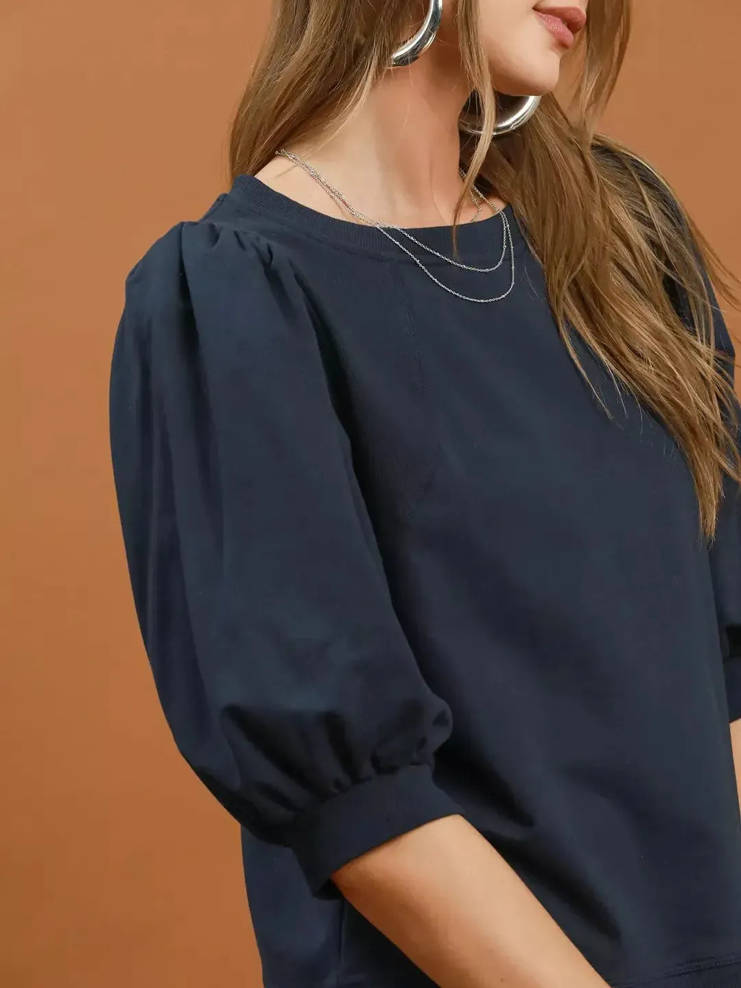 Umgee Sunday Blues Puff Sleeve Cozy Sweatshirt-Women's Shirts & Tops-Shop Z & Joxa