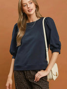 Umgee Sunday Blues Puff Sleeve Cozy Sweatshirt-Women's Shirts & Tops-Shop Z & Joxa