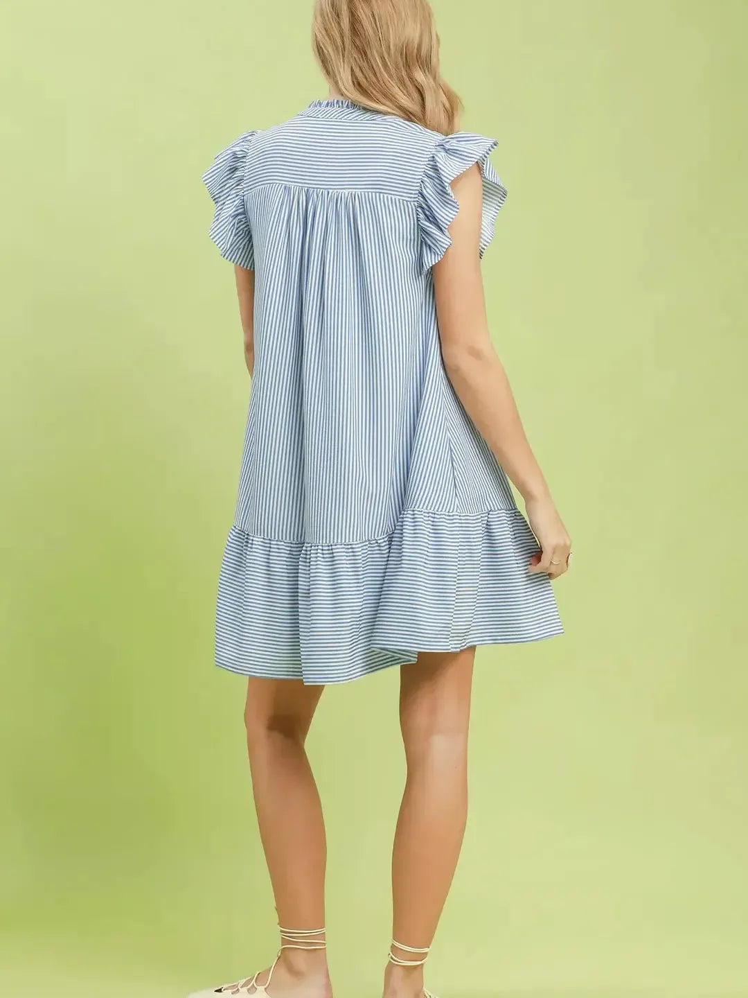 Umgee Sunday Stroll Ruffle Trim Stripe Flutter Sleeve Mini Dress-Women's Dresses-Shop Z & Joxa