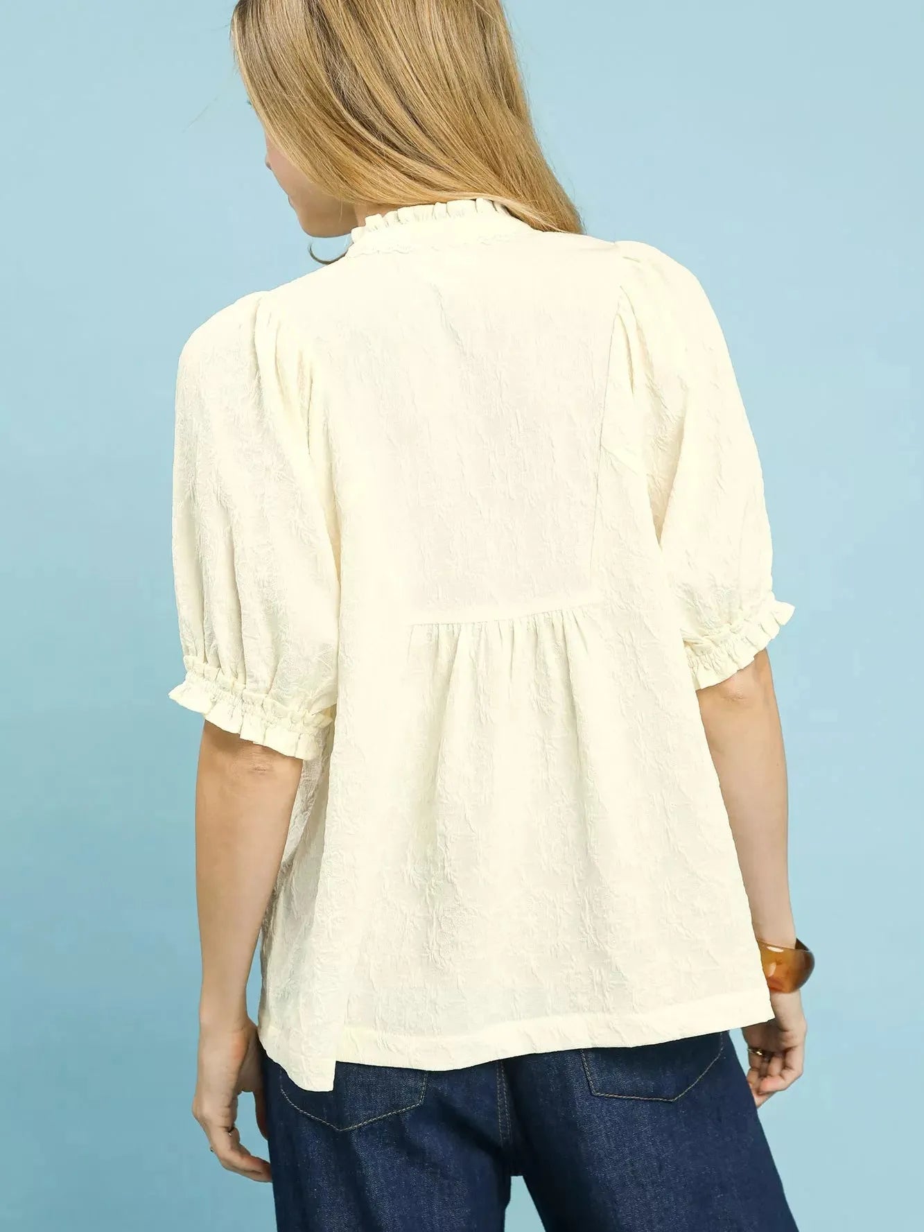 Umgee Sunlit Daydream Smocked Peasant Top with Puff Sleeves-Women's Shirts & Tops-Shop Z & Joxa