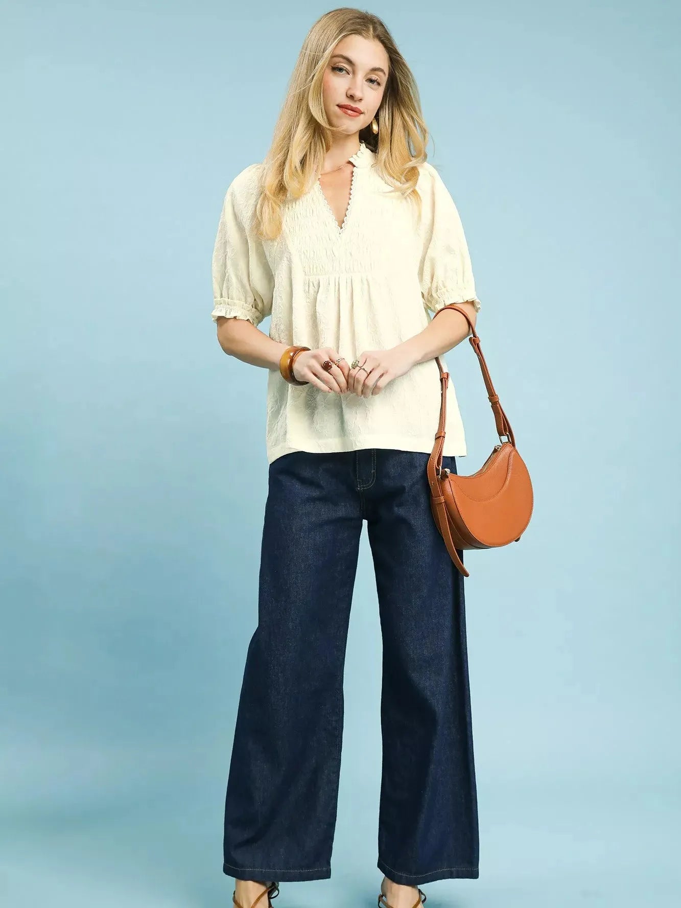 Umgee Sunlit Daydream Smocked Peasant Top with Puff Sleeves-Women's Shirts & Tops-Shop Z & Joxa