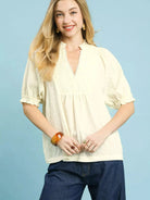 Umgee Sunlit Daydream Smocked Peasant Top with Puff Sleeves-Women's Shirts & Tops-Shop Z & Joxa