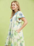 Umgee Sunlit Meadow Floral Print Babydoll Dress with Blue Trim-Women's Dresses-Shop Z & Joxa