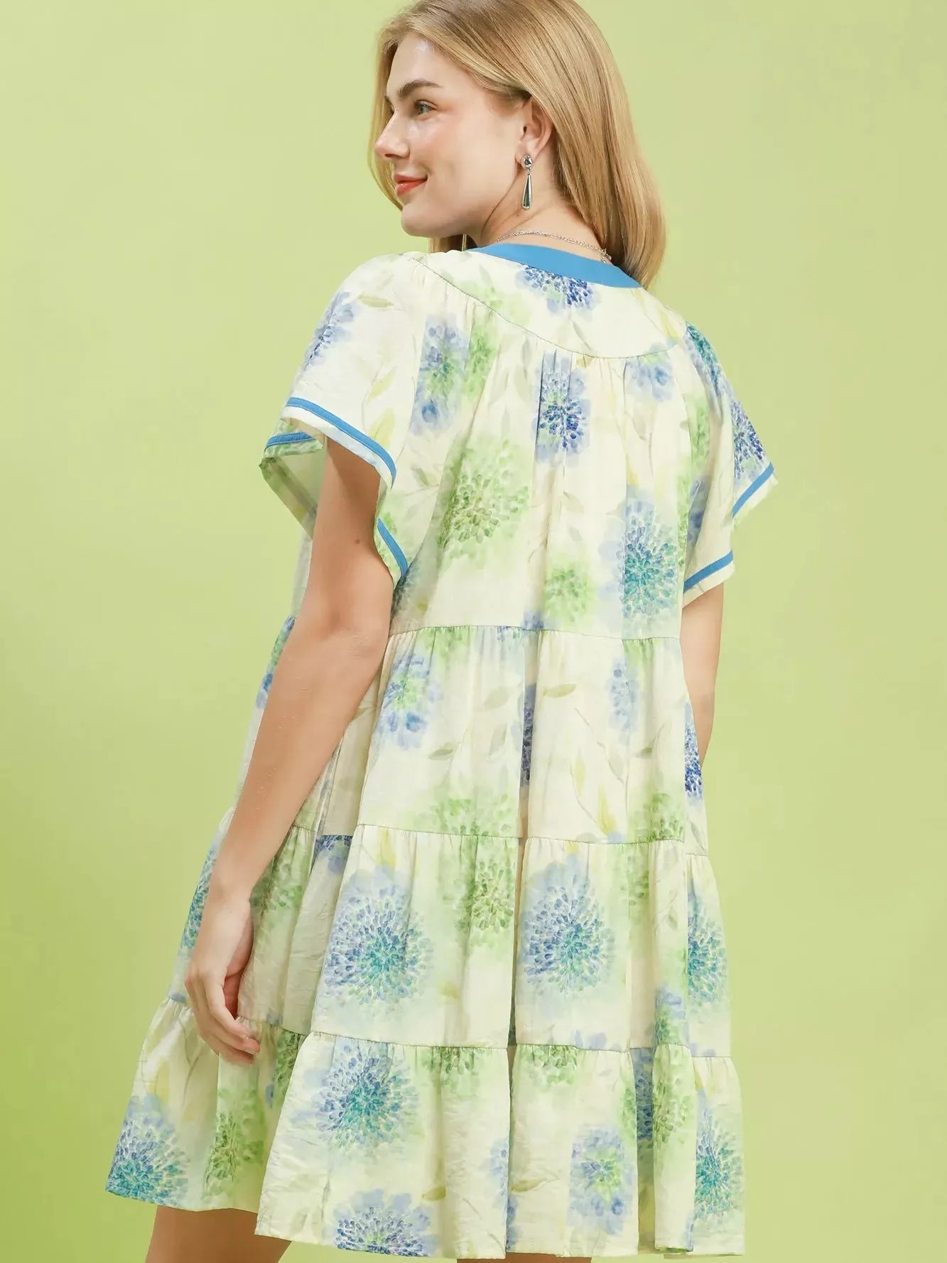Umgee Sunlit Meadow Floral Print Babydoll Dress with Blue Trim-Women's Dresses-Shop Z & Joxa