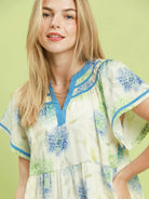Umgee Sunlit Meadow Floral Print Babydoll Dress with Blue Trim-Women's Dresses-Shop Z & Joxa