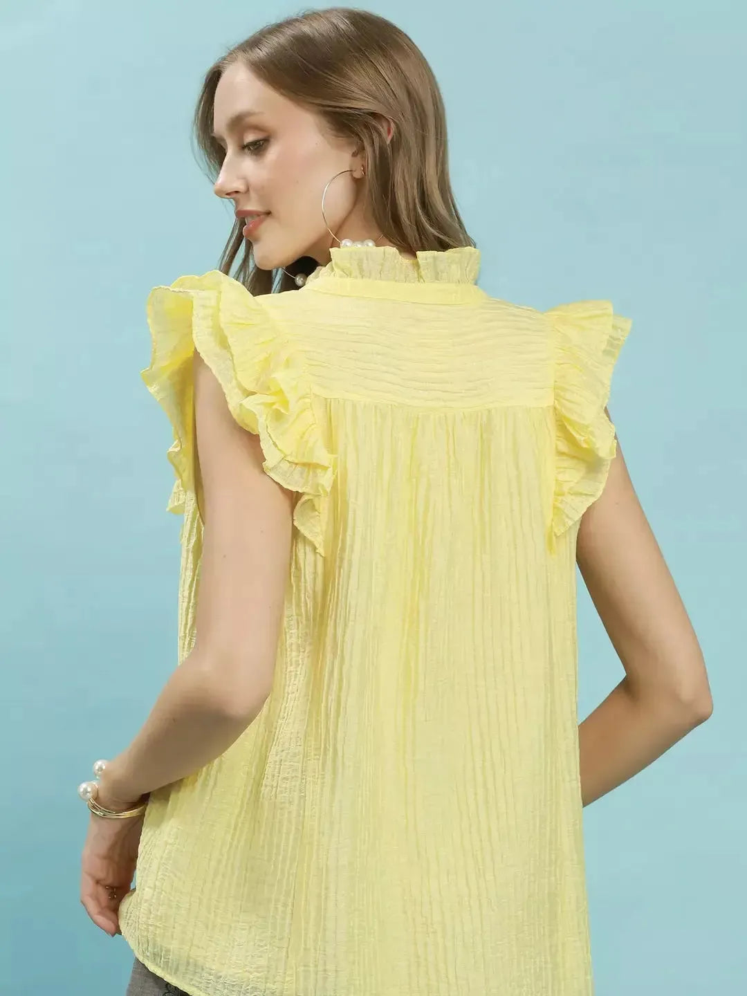 Umgee Sweet Citron Textured Ruffle Sleeve Split V Neck Top-Women's Shirts & Tops-Shop Z & Joxa