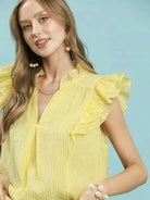 Umgee Sweet Citron Textured Ruffle Sleeve Split V Neck Top-Women's Shirts & Tops-Shop Z & Joxa