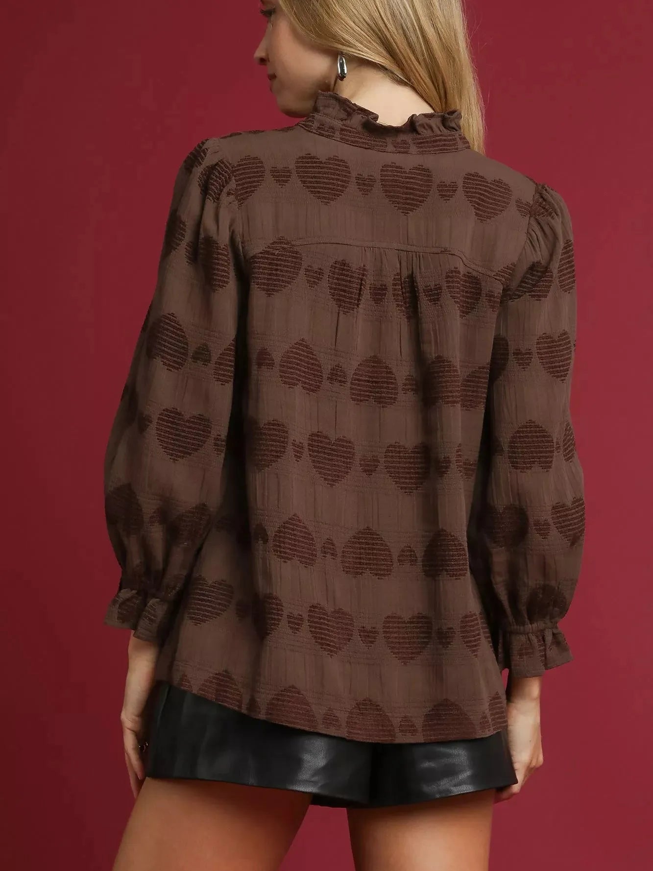 Umgee Sweetheart Ruffle Charm Jacquard Long Sleeve Shirt-Women's Shirts & Tops-Shop Z & Joxa