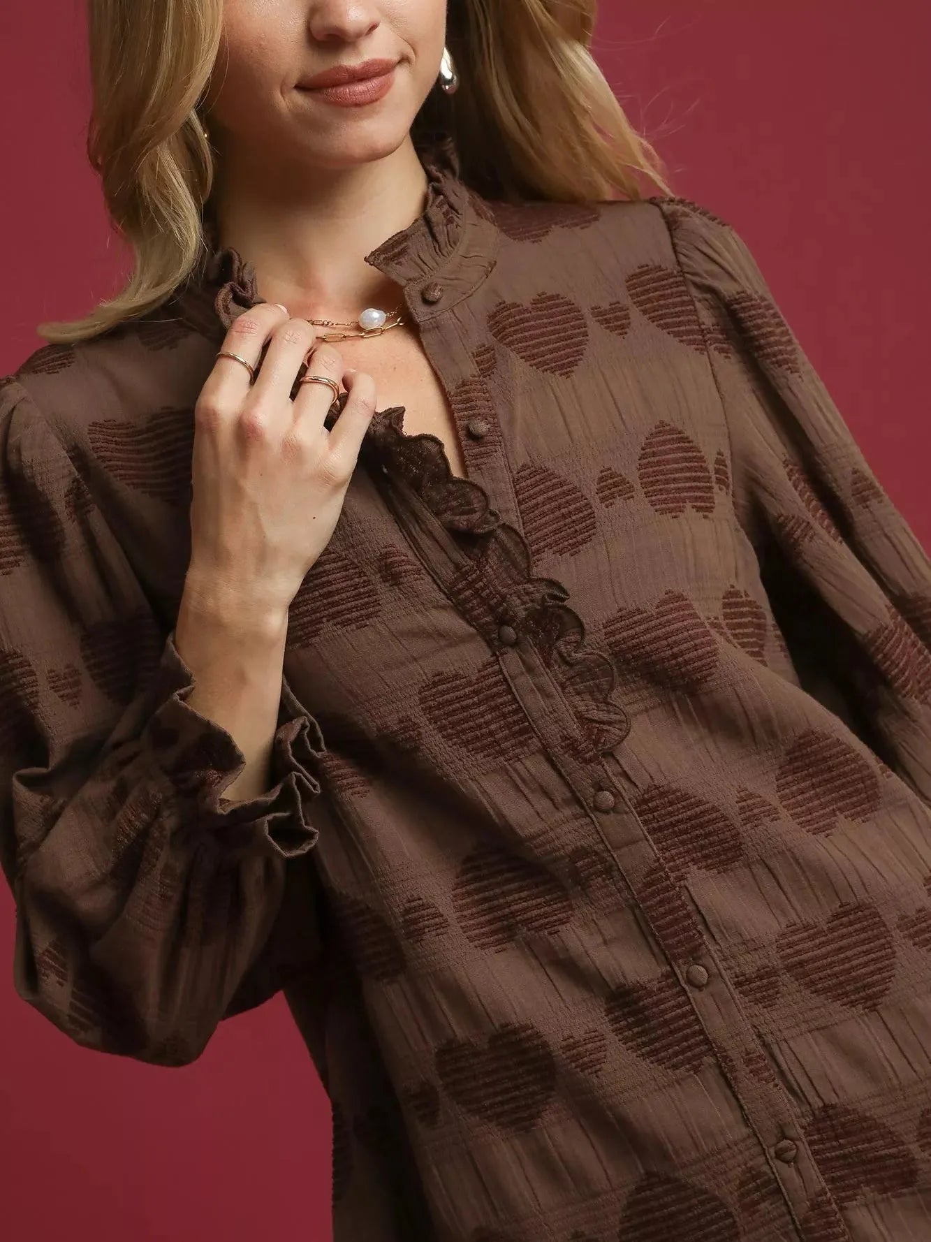 Umgee Sweetheart Ruffle Charm Jacquard Long Sleeve Shirt-Women's Shirts & Tops-Shop Z & Joxa