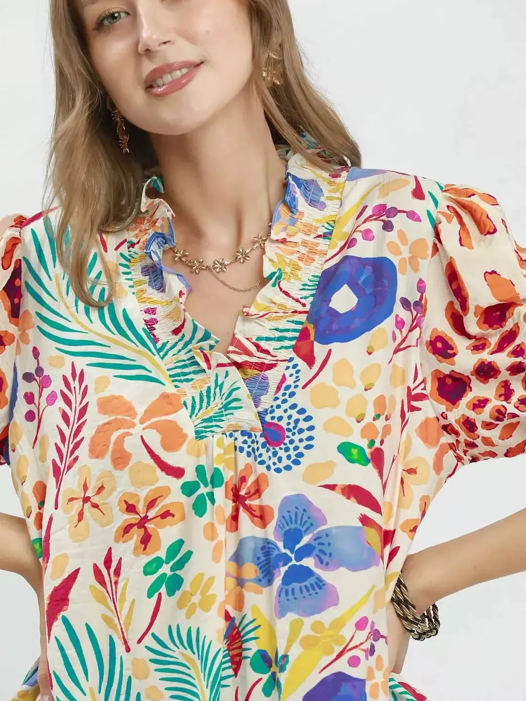 Umgee Tangerine Daydream Ruffle Trim Puff Sleeve Top-Women's Shirts & Tops-Shop Z & Joxa
