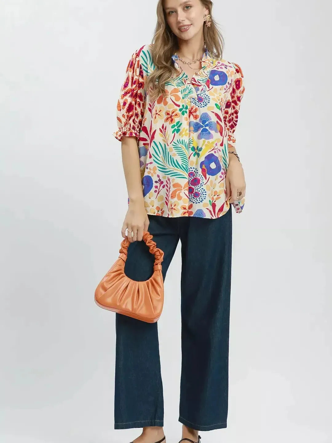 Umgee Tangerine Daydream Ruffle Trim Puff Sleeve Top-Women's Shirts & Tops-Shop Z & Joxa