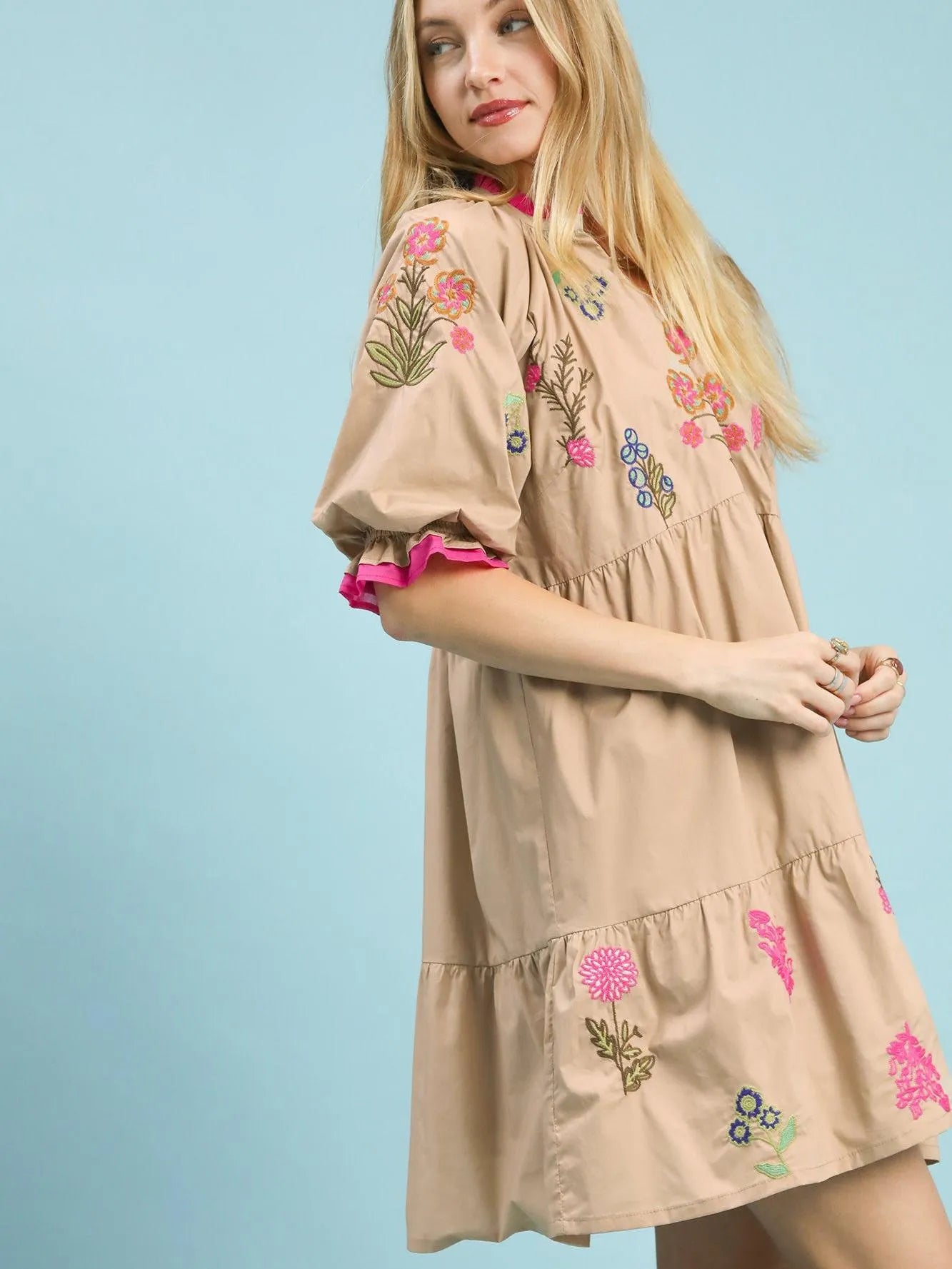 Umgee Taupe Harmony Embroidered Floral Tiered Babydoll Dress-Women's Dresses-Shop Z & Joxa