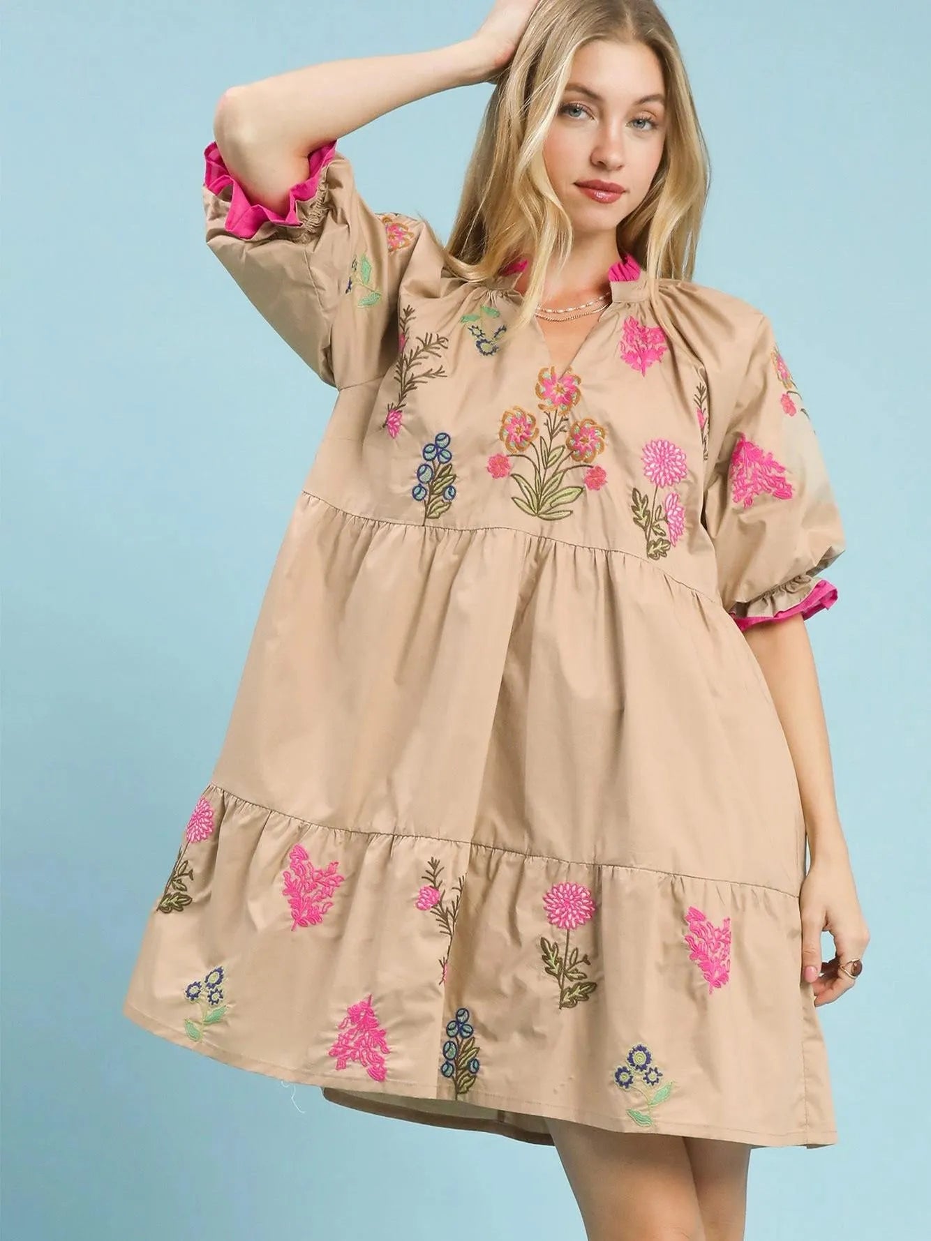 Umgee Taupe Harmony Embroidered Floral Tiered Babydoll Dress-Women's Dresses-Shop Z & Joxa