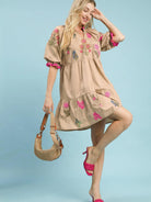 Umgee Taupe Harmony Embroidered Floral Tiered Babydoll Dress-Women's Dresses-Shop Z & Joxa