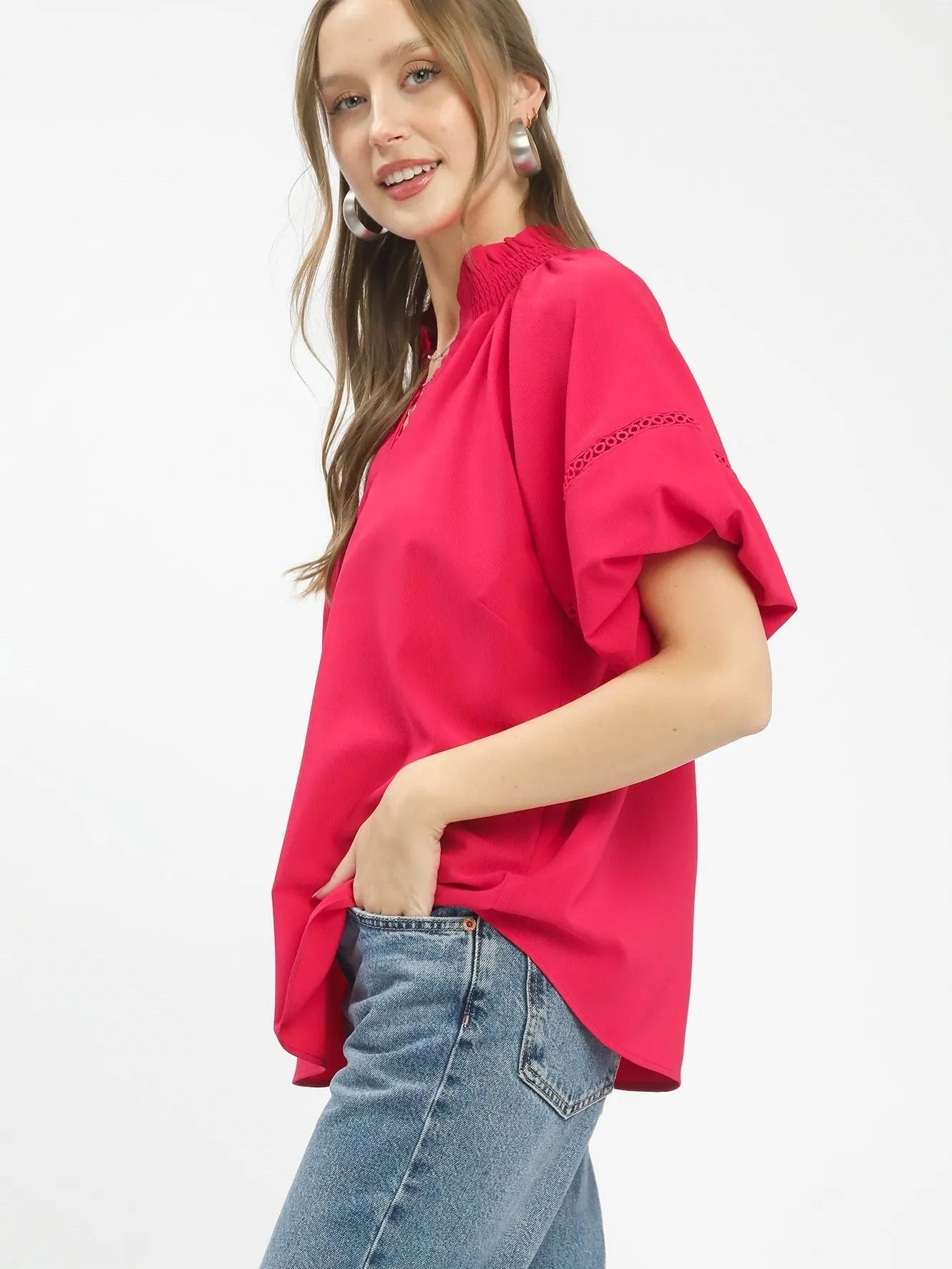 Umgee Teaberry Dream Lace Trim Peasant Top with Puff Sleeves-Women's Shirts & Tops-Shop Z & Joxa
