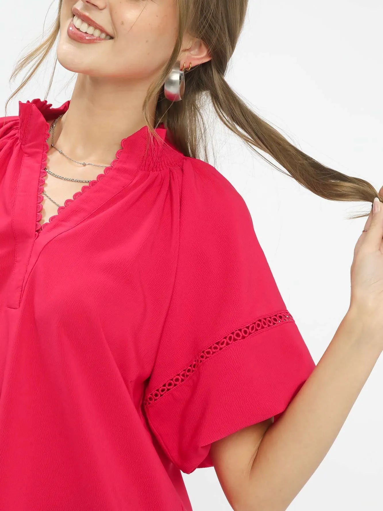 Umgee Teaberry Dream Lace Trim Peasant Top with Puff Sleeves-Women's Shirts & Tops-Shop Z & Joxa