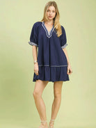 Umgee Tiered & True French Terry Mini Dress with Striped Trim-Women's Dresses-Shop Z & Joxa