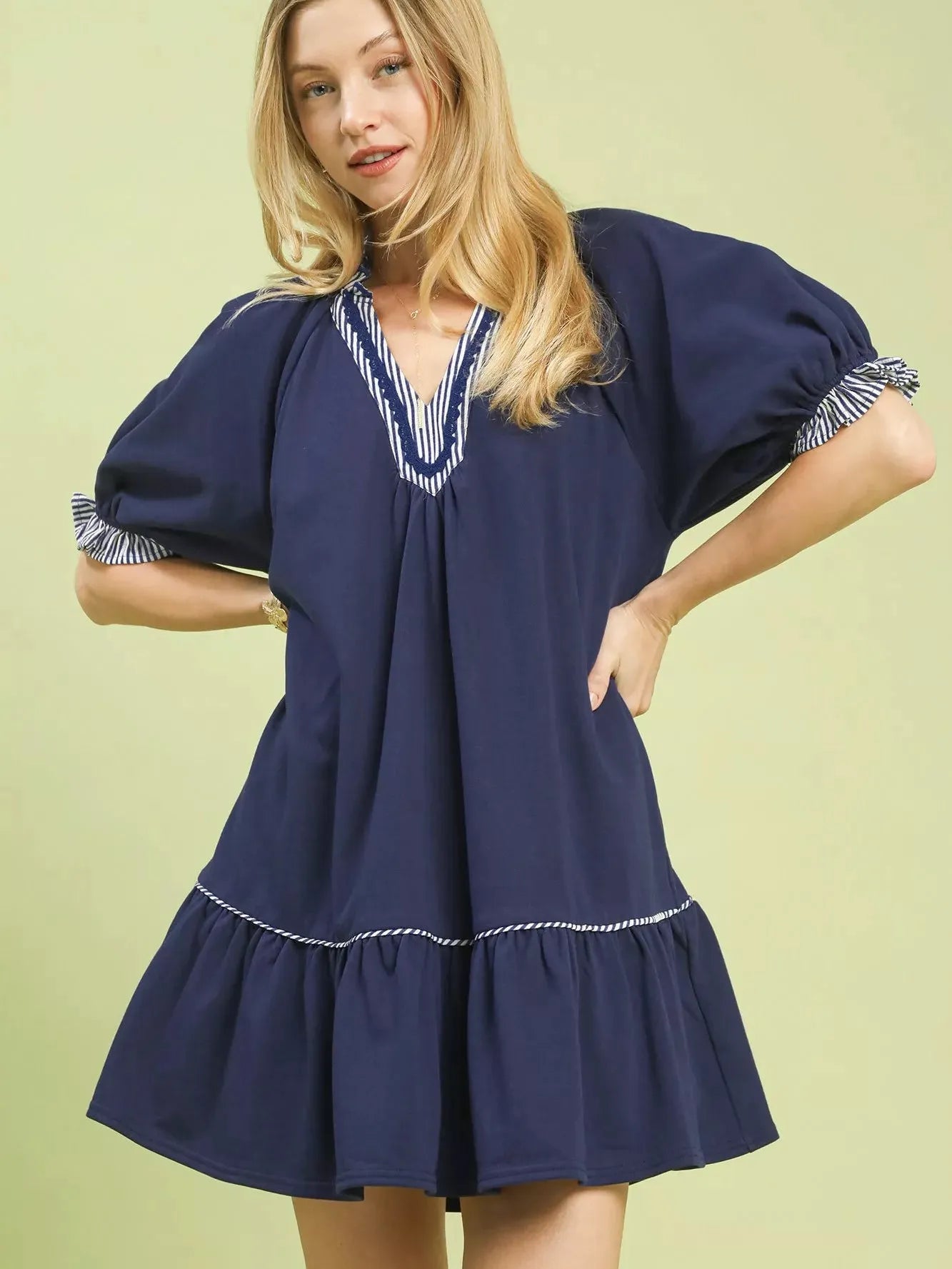 Umgee Tiered & True French Terry Mini Dress with Striped Trim-Women's Dresses-Shop Z & Joxa