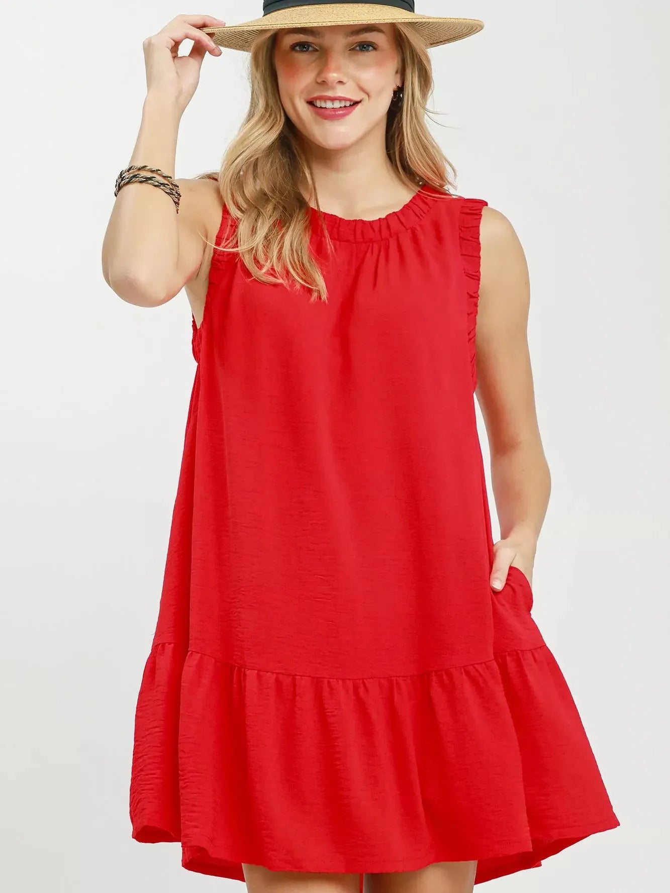 Umgee Tomato Tango Sleeveless Ruffle Trim Drop Waist Mini Dress-Women's Dresses-Shop Z & Joxa