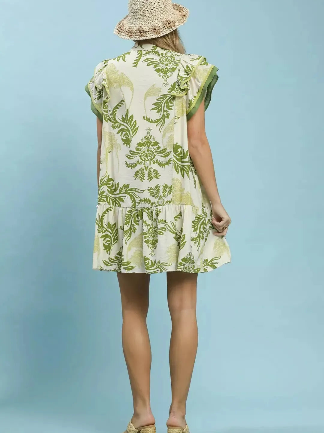 Umgee Tropical Toile Grace Floral Placket Ruffle Mini Dress-Women's Dresses-Shop Z & Joxa