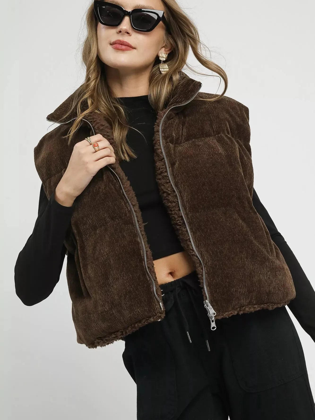 Umgee Twice as Nice Reversble Sherpa Zip Drawstring Vest-Women's Outerwear-Shop Z & Joxa