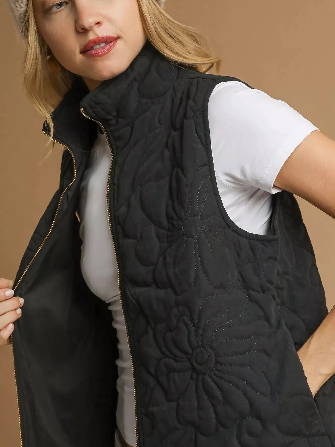 Umgee Urban Layer Zip up Floral Quilted Vest-Women's Outerwear-Shop Z & Joxa