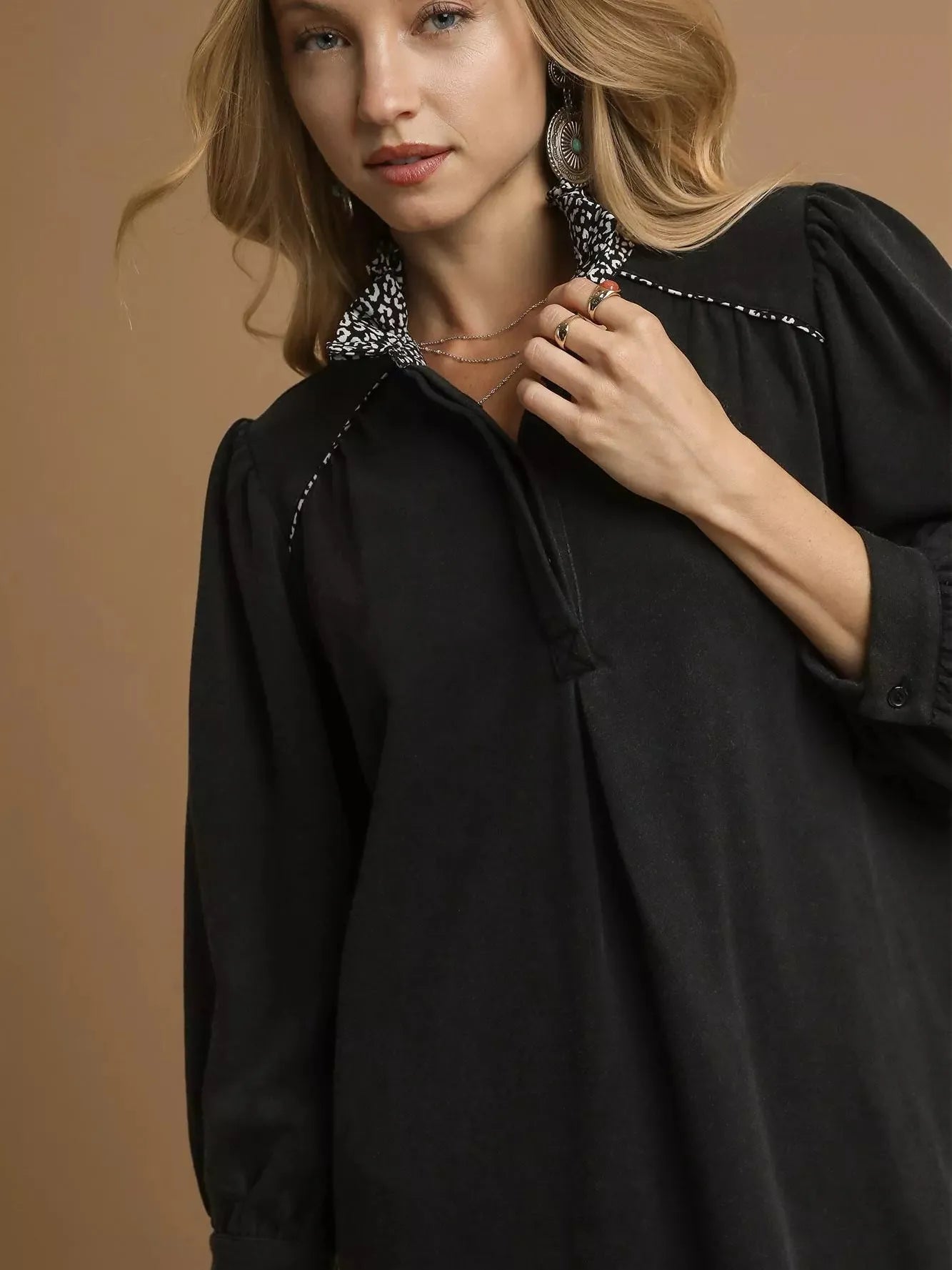 Umgee Urban Safari French Terry Mini Dress with Leopard Accent-Women's Dresses-Shop Z & Joxa