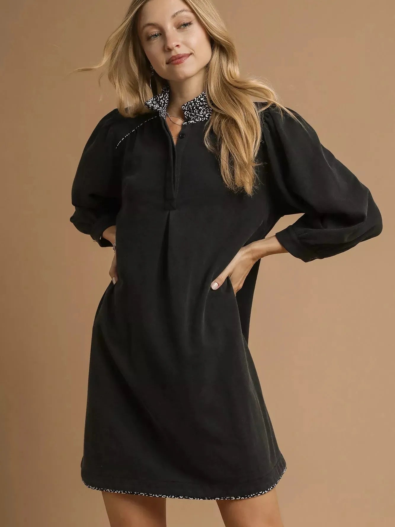 Umgee Urban Safari French Terry Mini Dress with Leopard Accent-Women's Dresses-Shop Z & Joxa