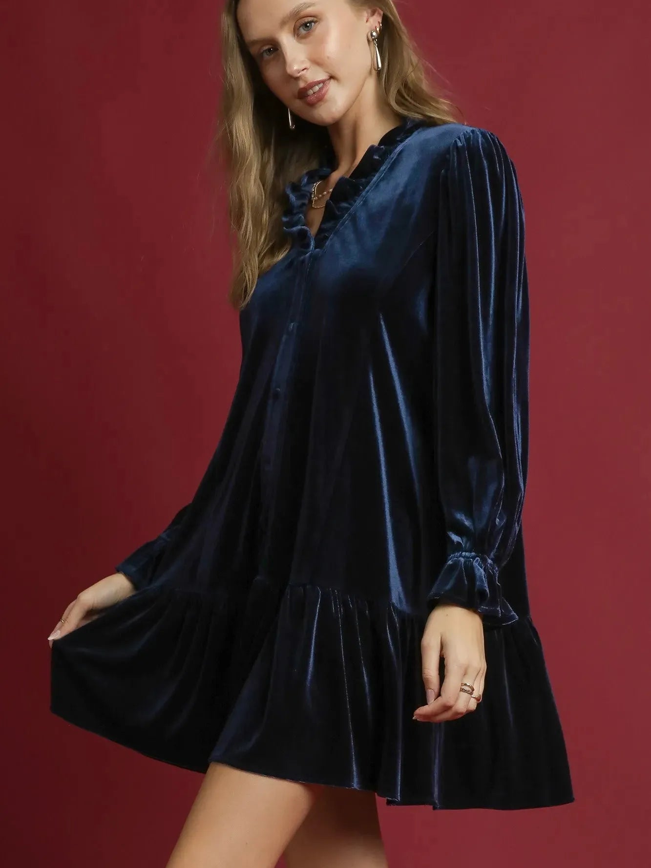 Umgee Velvet Affair Ruffle Trim Mini Babydoll Dress-Women's Dresses-Shop Z & Joxa