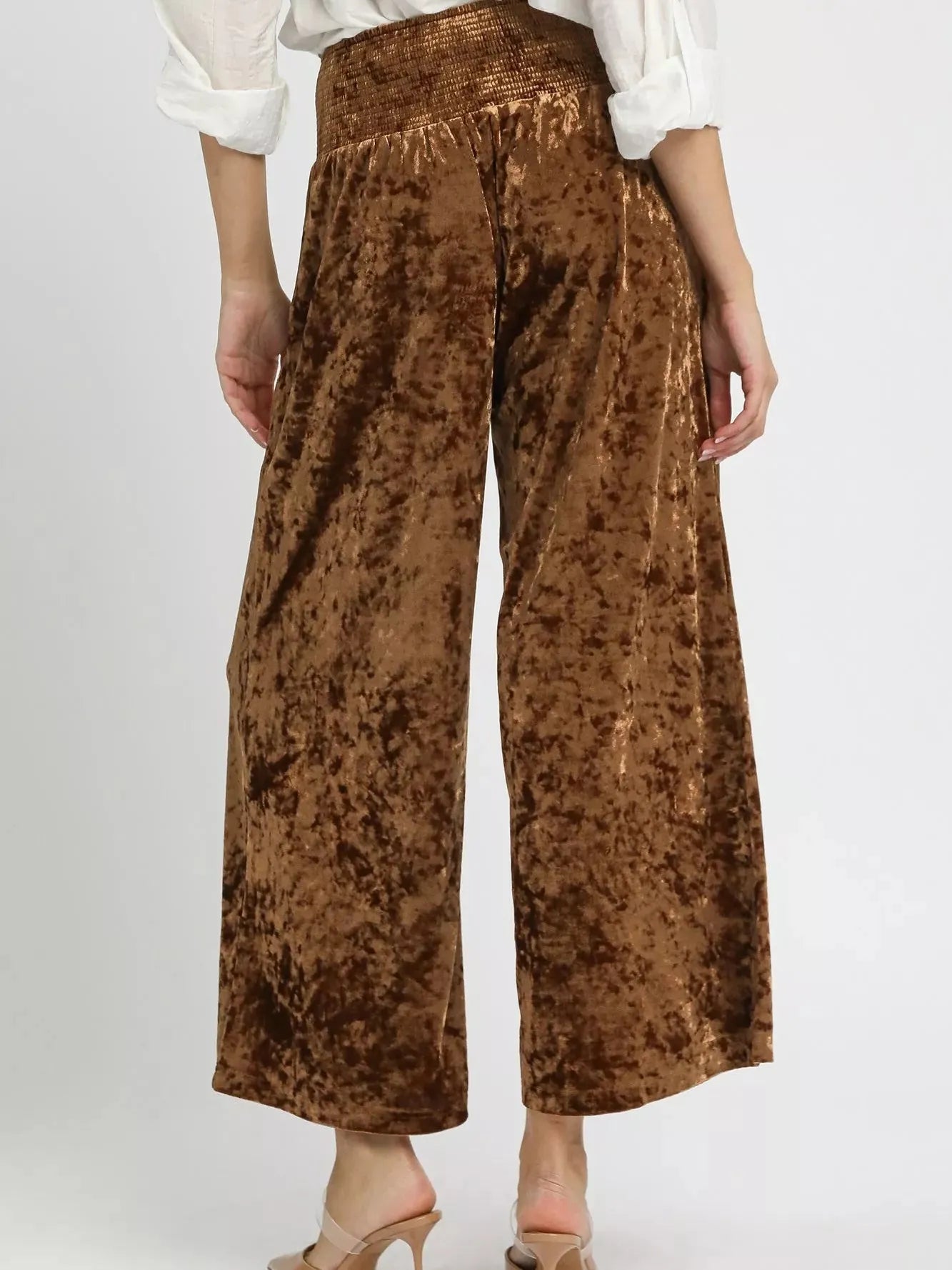 Umgee Velvet Crush Smocked Waist Wide Cropped Pants in Cocoa-Women's Pants-Shop Z & Joxa