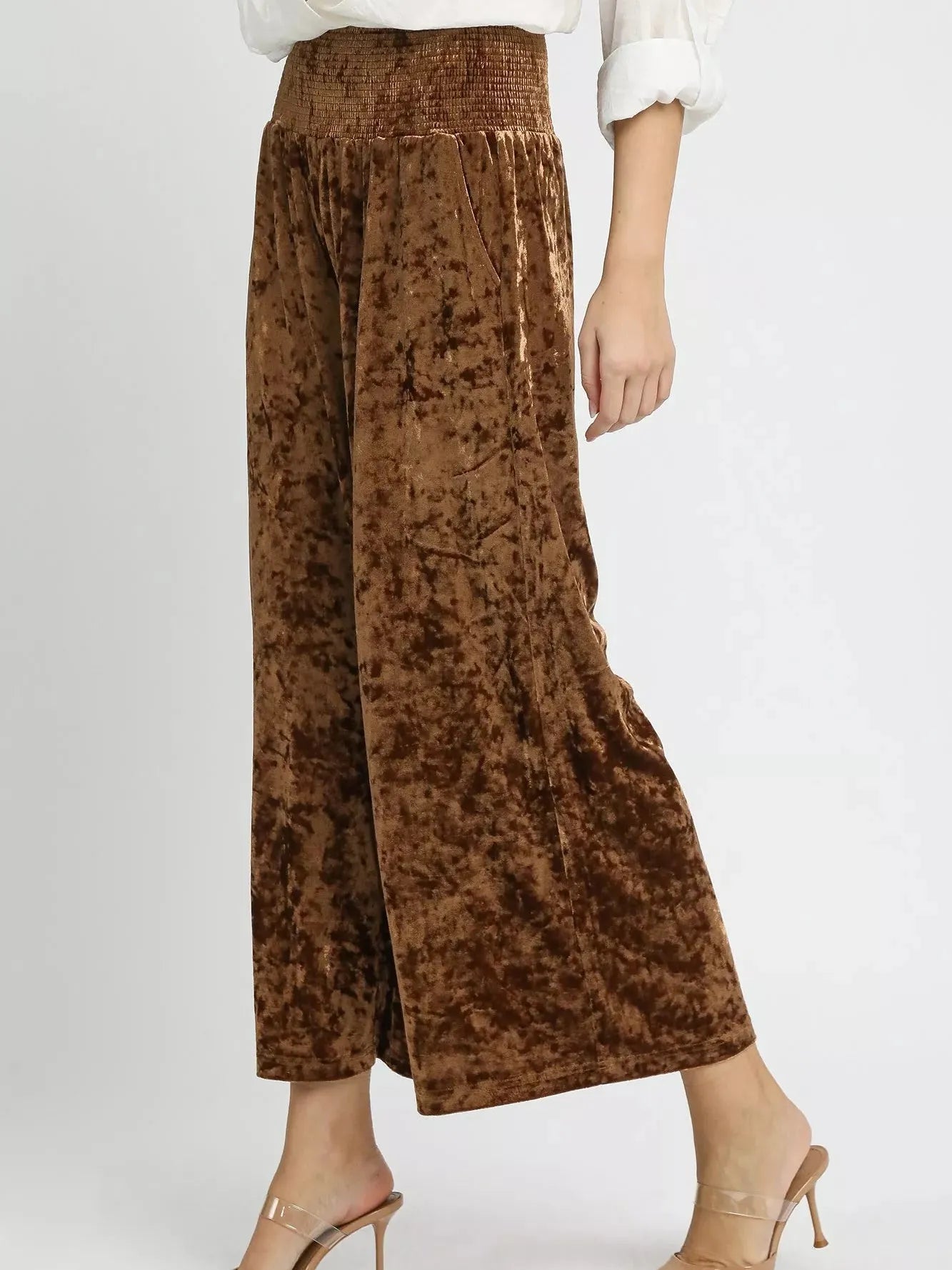 Umgee Velvet Crush Smocked Waist Wide Cropped Pants in Cocoa-Women's Pants-Shop Z & Joxa