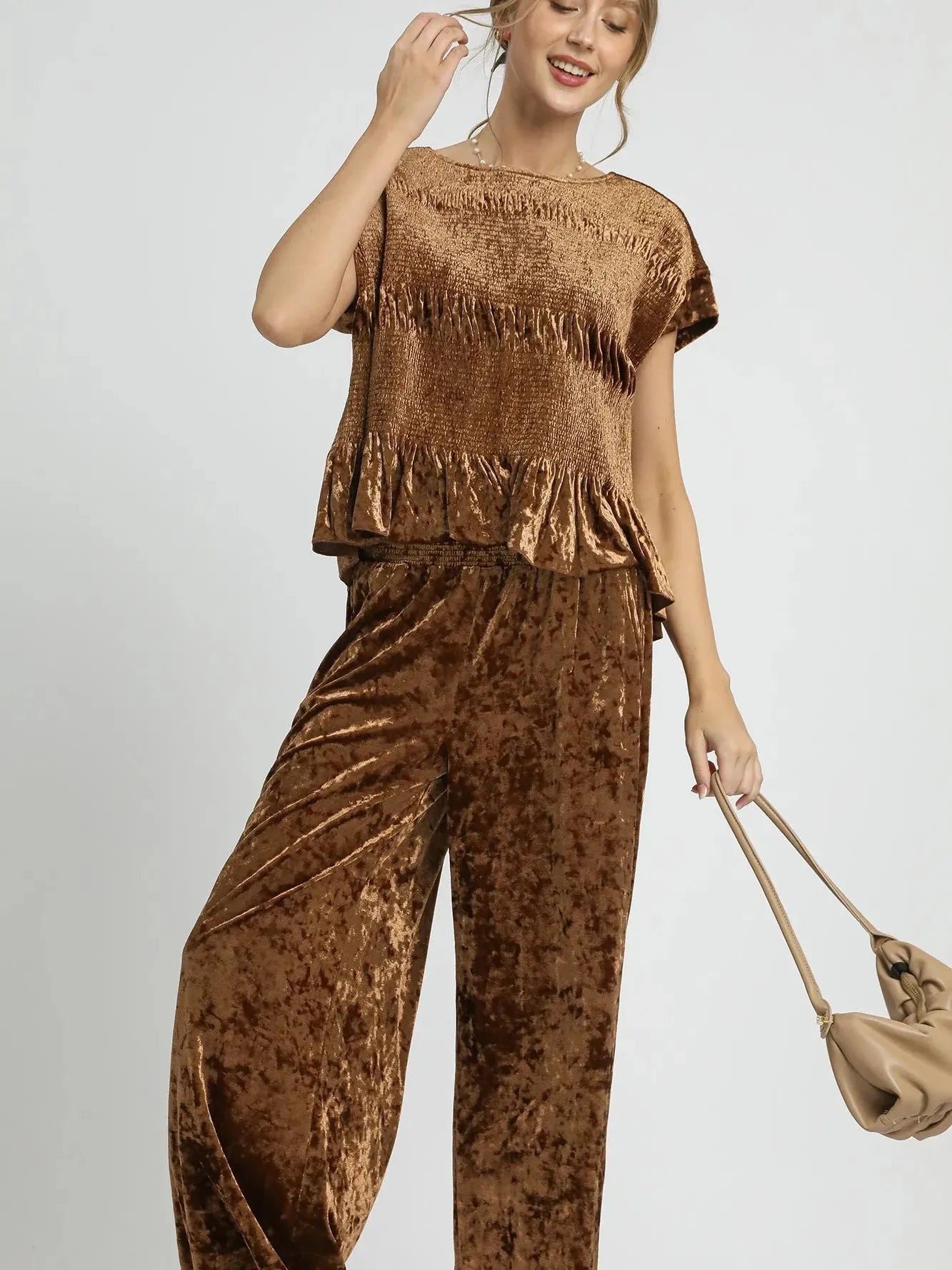 Umgee Velvet Crush Smocked Waist Wide Cropped Pants in Cocoa-Women's Pants-Shop Z & Joxa