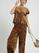 Umgee Velvet Crush Smocked Waist Wide Cropped Pants in Cocoa-Women's Pants-Shop Z & Joxa