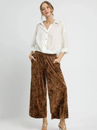 Umgee Velvet Crush Smocked Waist Wide Cropped Pants in Cocoa-Women's Pants-Shop Z & Joxa