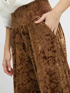 Umgee Velvet Crush Smocked Waist Wide Cropped Pants in Cocoa-Women's Pants-Shop Z & Joxa