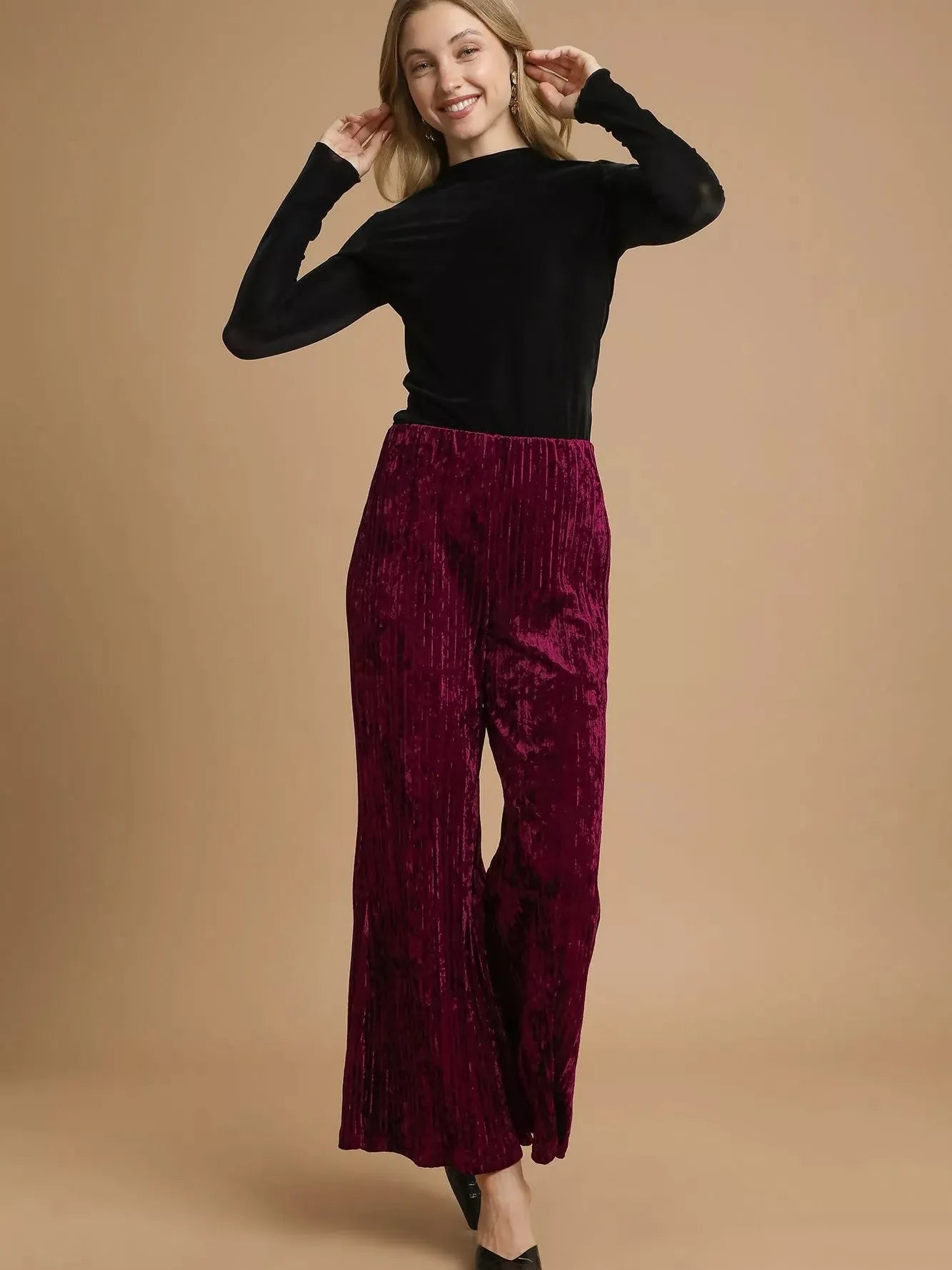 Umgee Velvet Crush Smocked Waist Wide Cropped Pants in Wine-Women's Pants-Shop Z & Joxa
