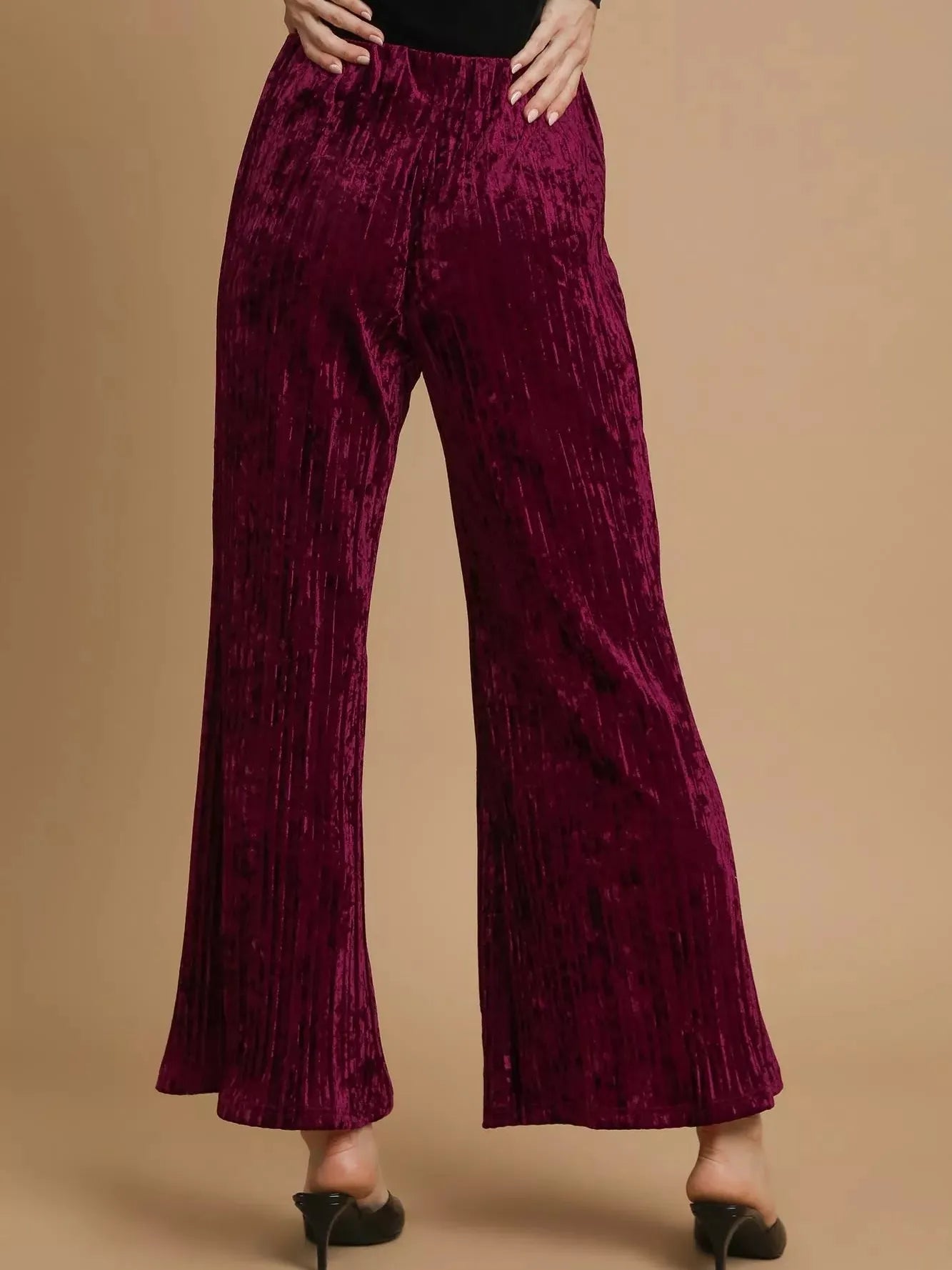 Umgee Velvet Crush Smocked Waist Wide Cropped Pants in Wine-Women's Pants-Shop Z & Joxa