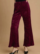Umgee Velvet Crush Smocked Waist Wide Cropped Pants in Wine-Women's Pants-Shop Z & Joxa