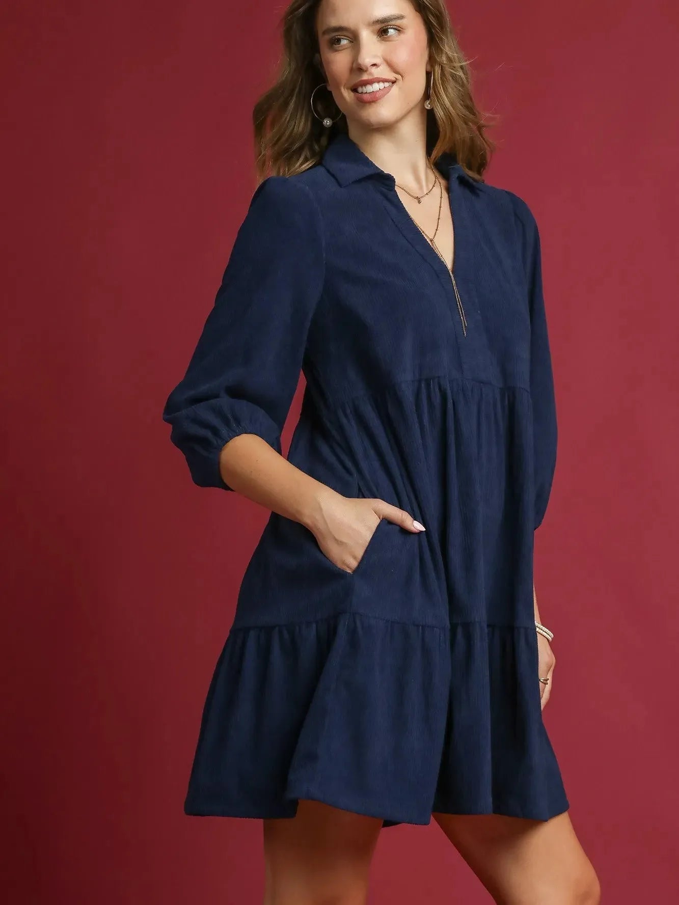 Umgee Velvet Valley Tiered Corduroy Balloon Sleeves Dress-Women's Dresses-Shop Z & Joxa