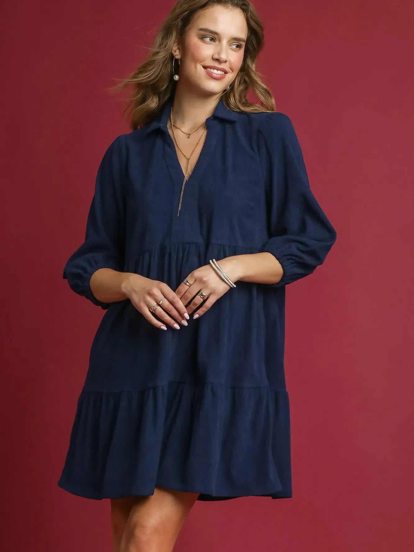 Umgee Velvet Valley Tiered Corduroy Balloon Sleeves Dress-Women's Dresses-Shop Z & Joxa