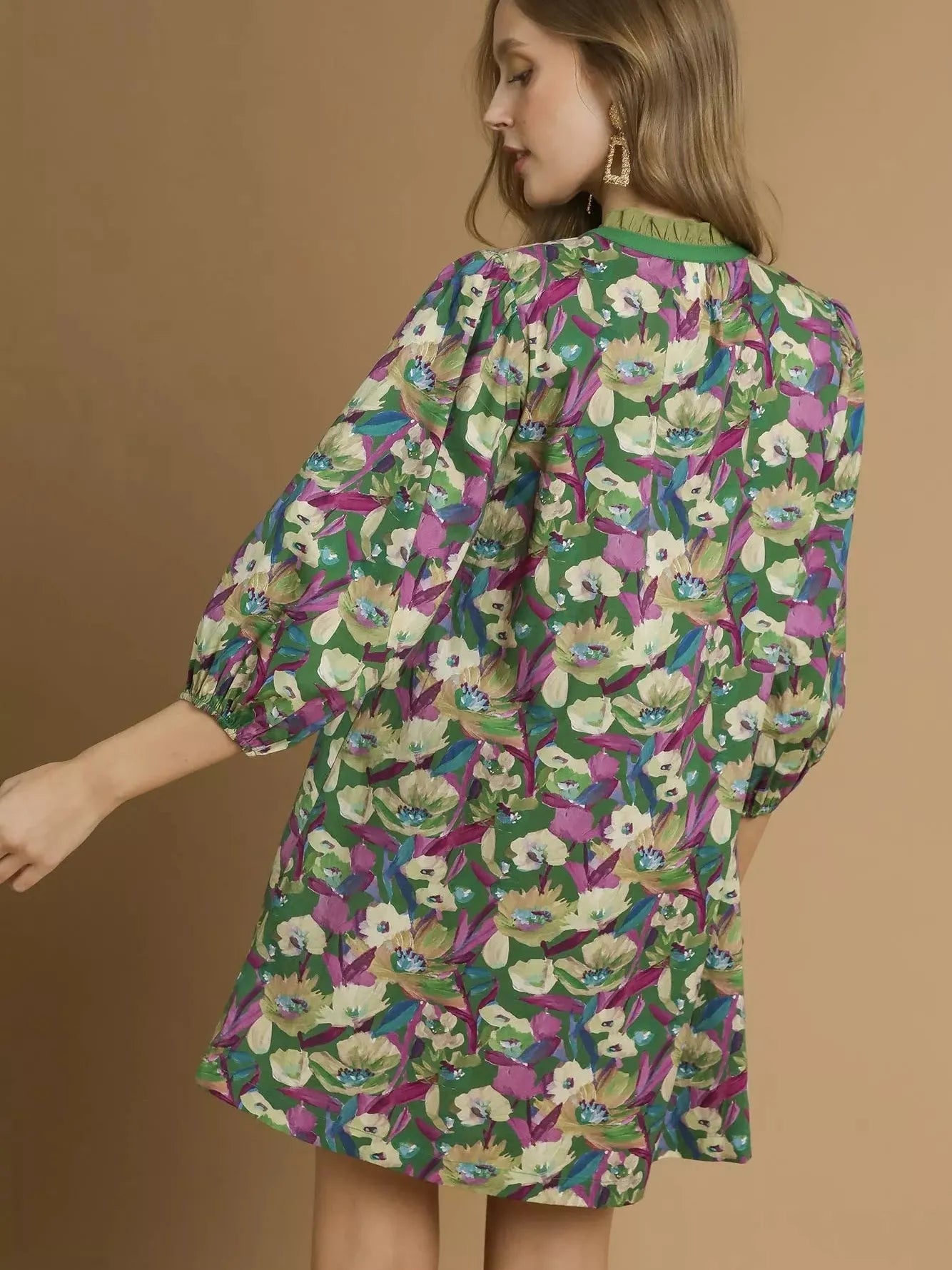 Umgee Verdant Bloom Boho Floral Balloon Sleeve Mini Dress-Women's Dresses-Shop Z & Joxa