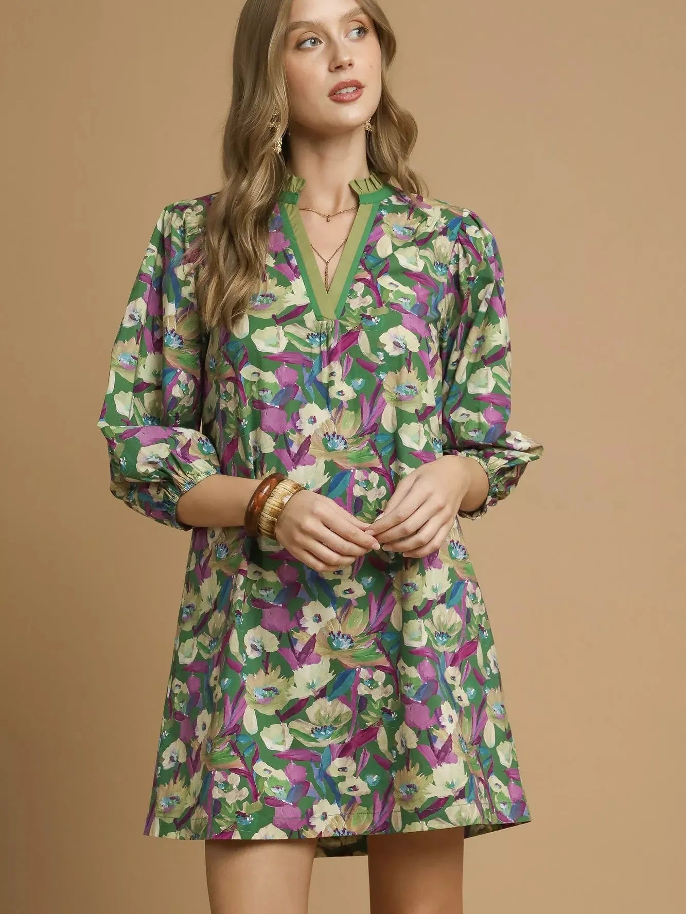 Umgee Verdant Bloom Boho Floral Balloon Sleeve Mini Dress-Women's Dresses-Shop Z & Joxa