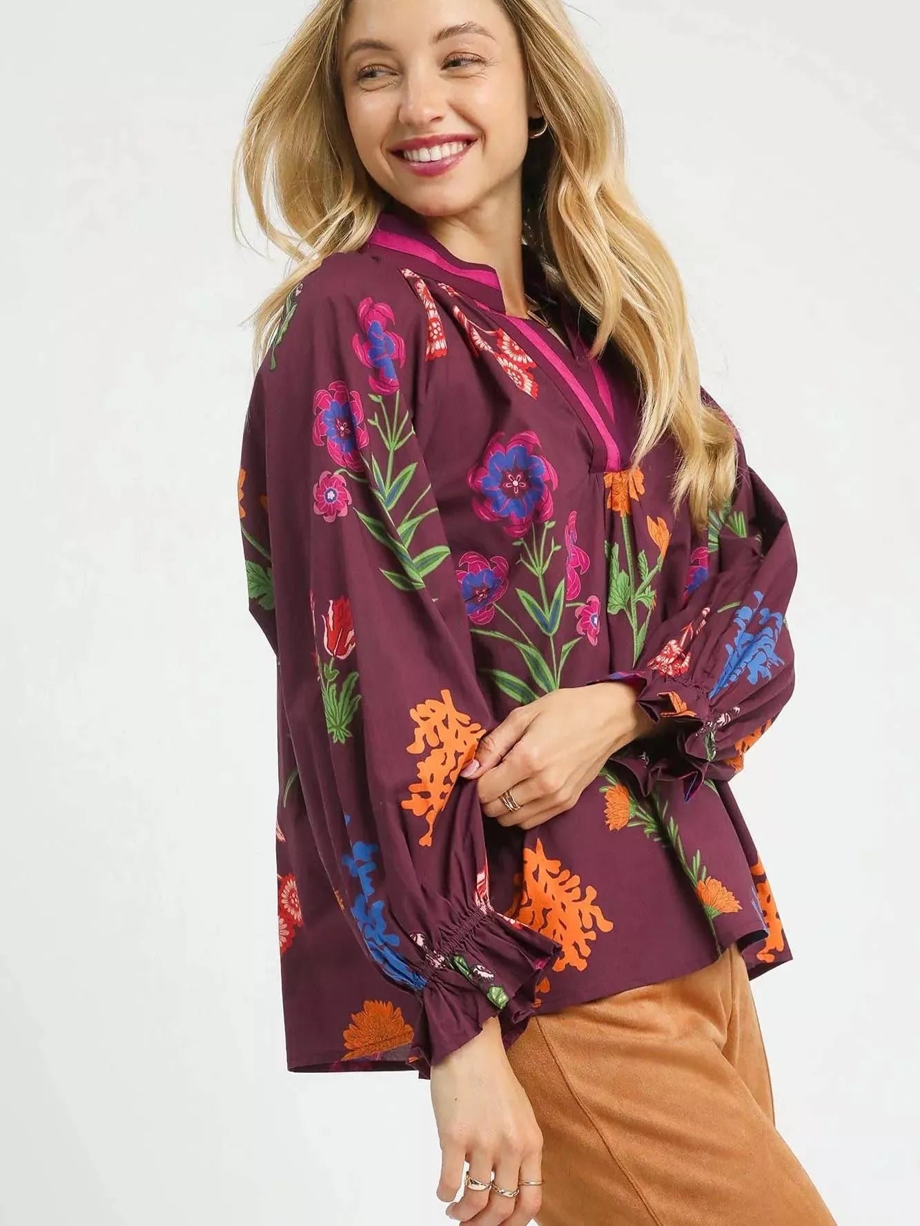Umgee Vintage Bloom Floral Print Flounce Sleeve Blouse-Women's Shirts & Tops-Shop Z & Joxa